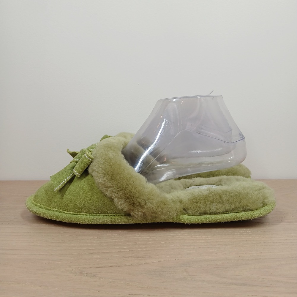 Patricia Green Slippers Women 10 Green Suede Shearling Bow Moccasin House Shoes